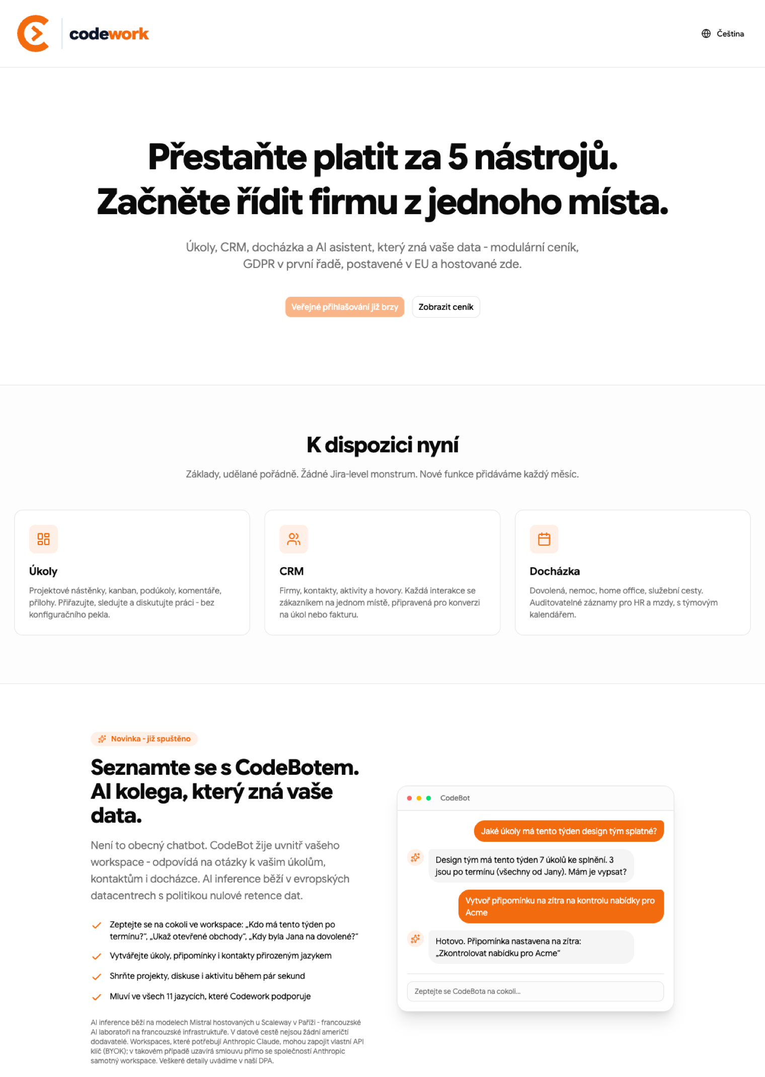 Úvodní stránka Codeworku: Přestaňte platit za 5 nástrojů, začněte řídit firmu z jednoho místa