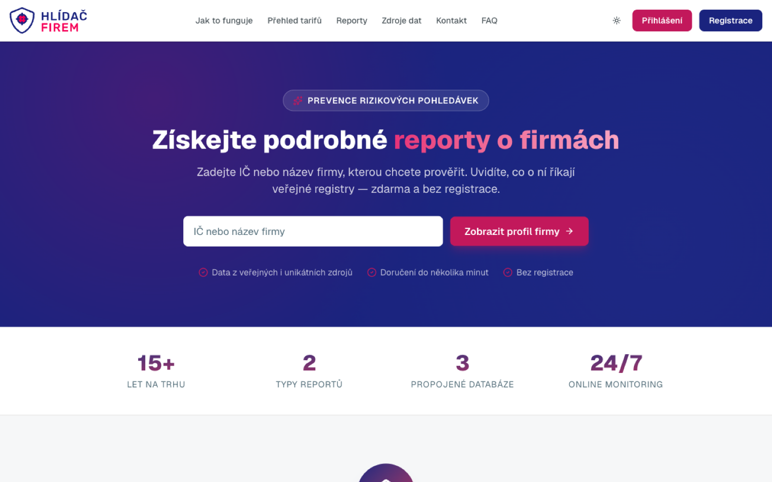 Úvodní stránka nové verze hlidacfirem.cz: vyhledání firmy podle IČ a reporty o firmách