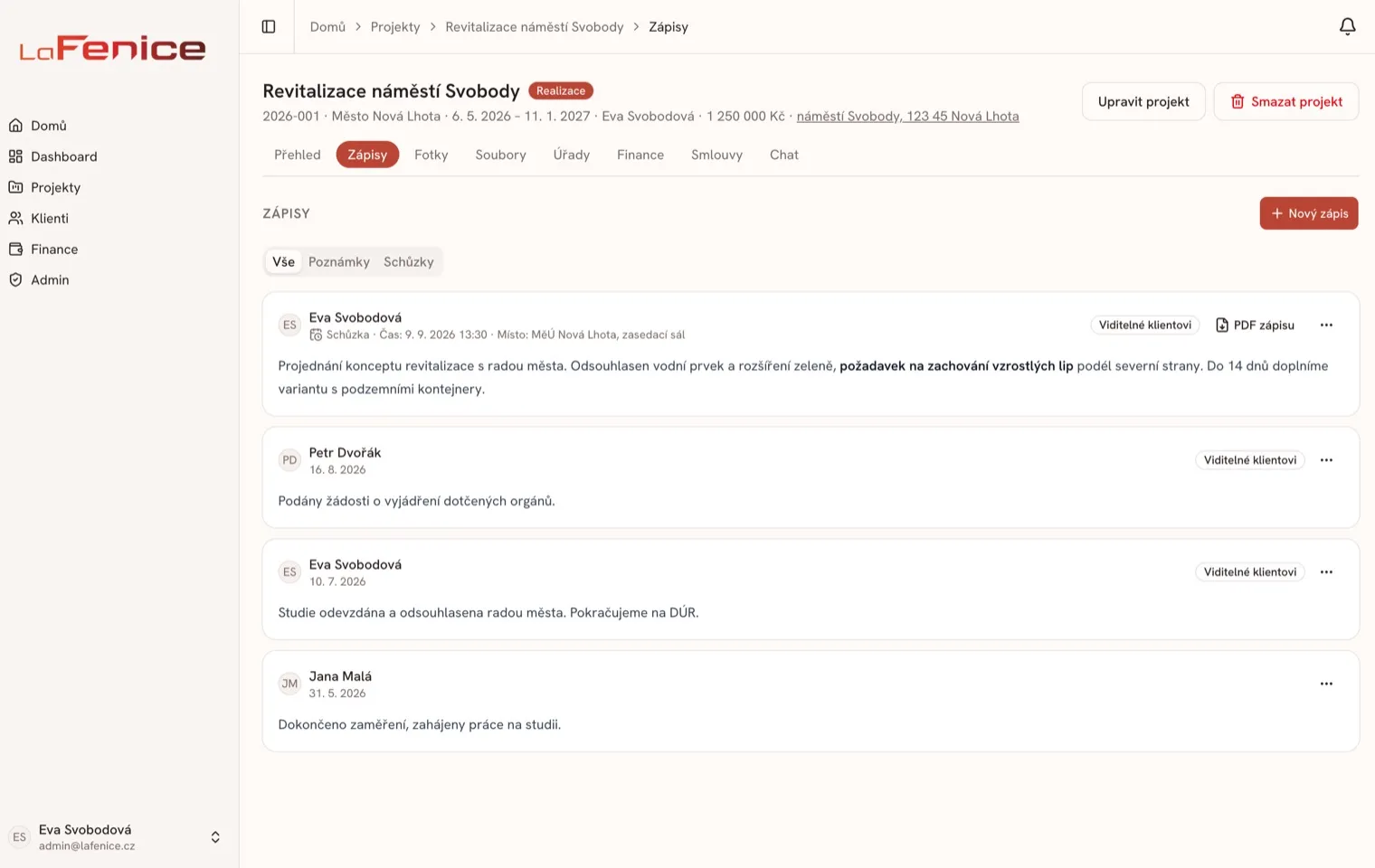 Zápisy k projektu: schůzky a poznámky, viditelnost pro klienta a export zápisu do PDF